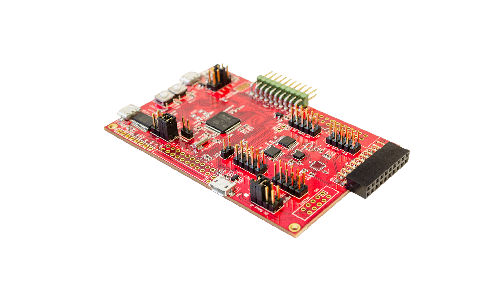DK-20948: Red PCB with many small chips and components attached to it
