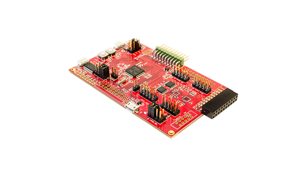DK-10111: Red PCB with many small chips and components attached to it