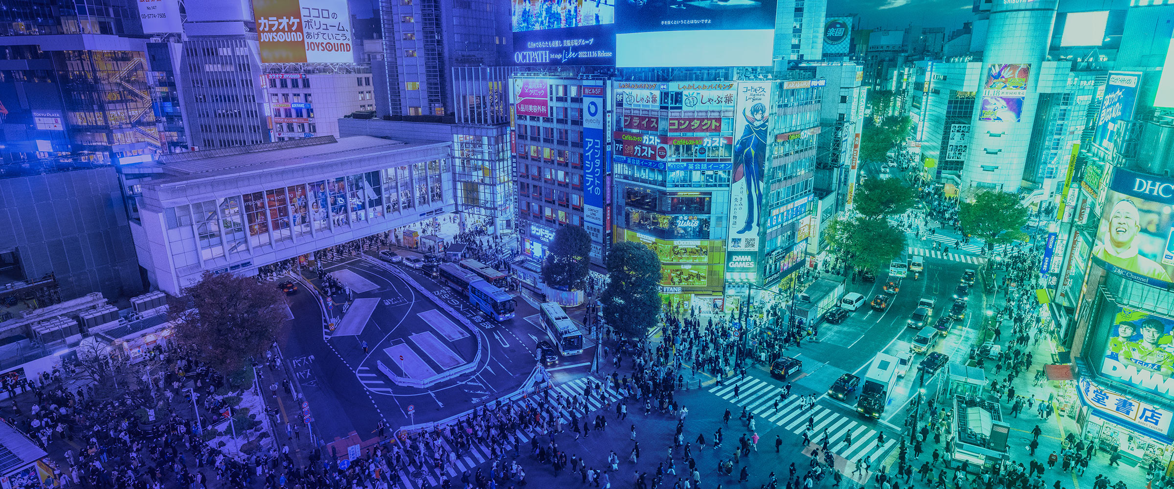 Aerial view of the busy Shibuya Crossing