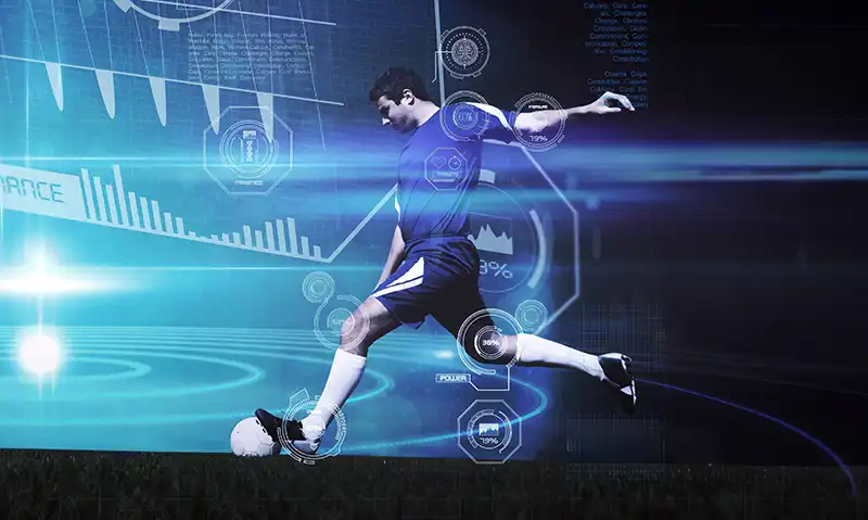 Soccer player prepares to kick soccer ball with illustrated overlays of data visualization