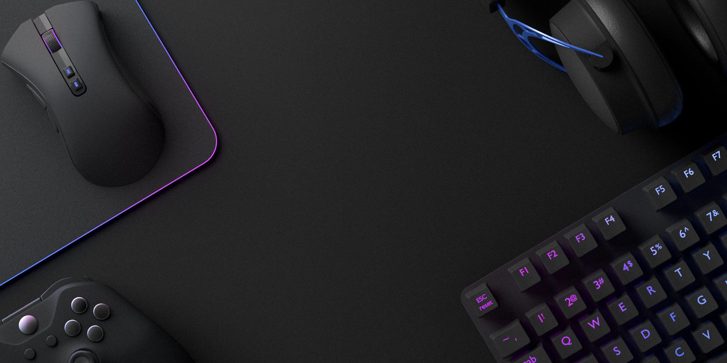 Various video gaming accessories laid around the edges of the picture