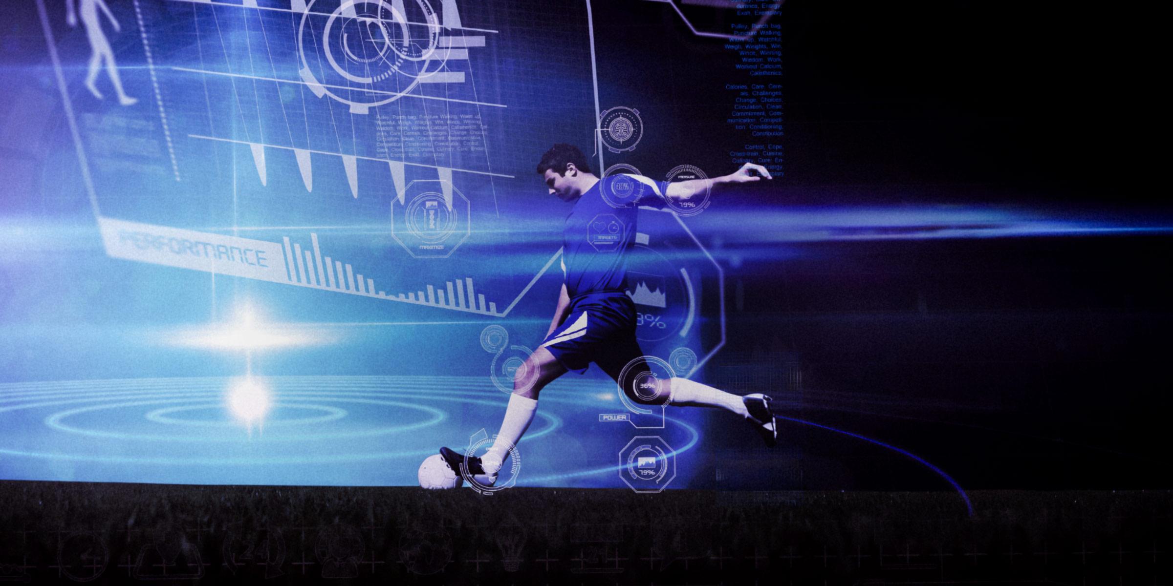 Man kicking a soccer ball with illustrations of various abstract data analytics visuals behind him