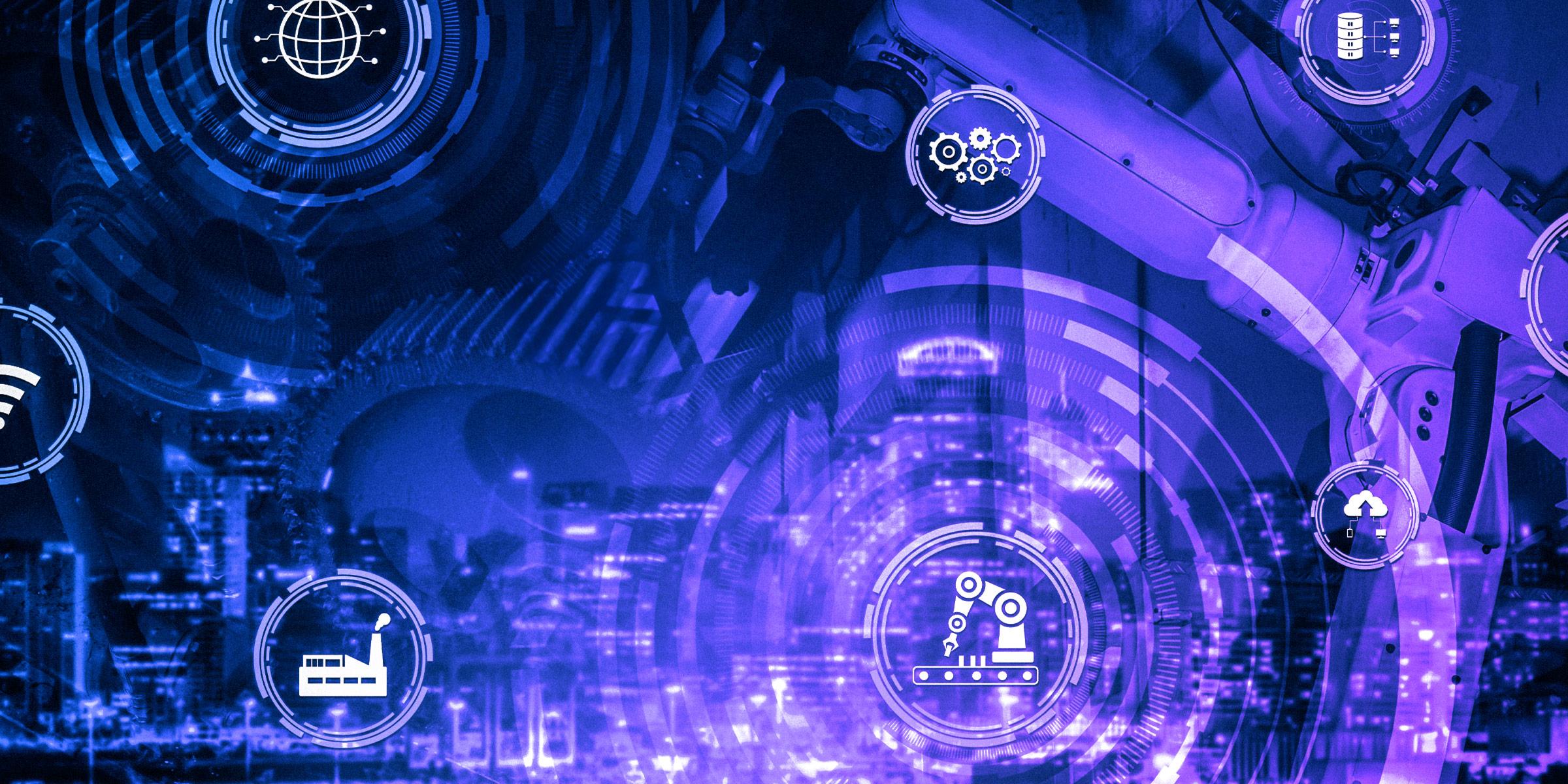 Visual collage composed of close-up photos of industrial equipment, overlaid with illustrations of industry-related icons