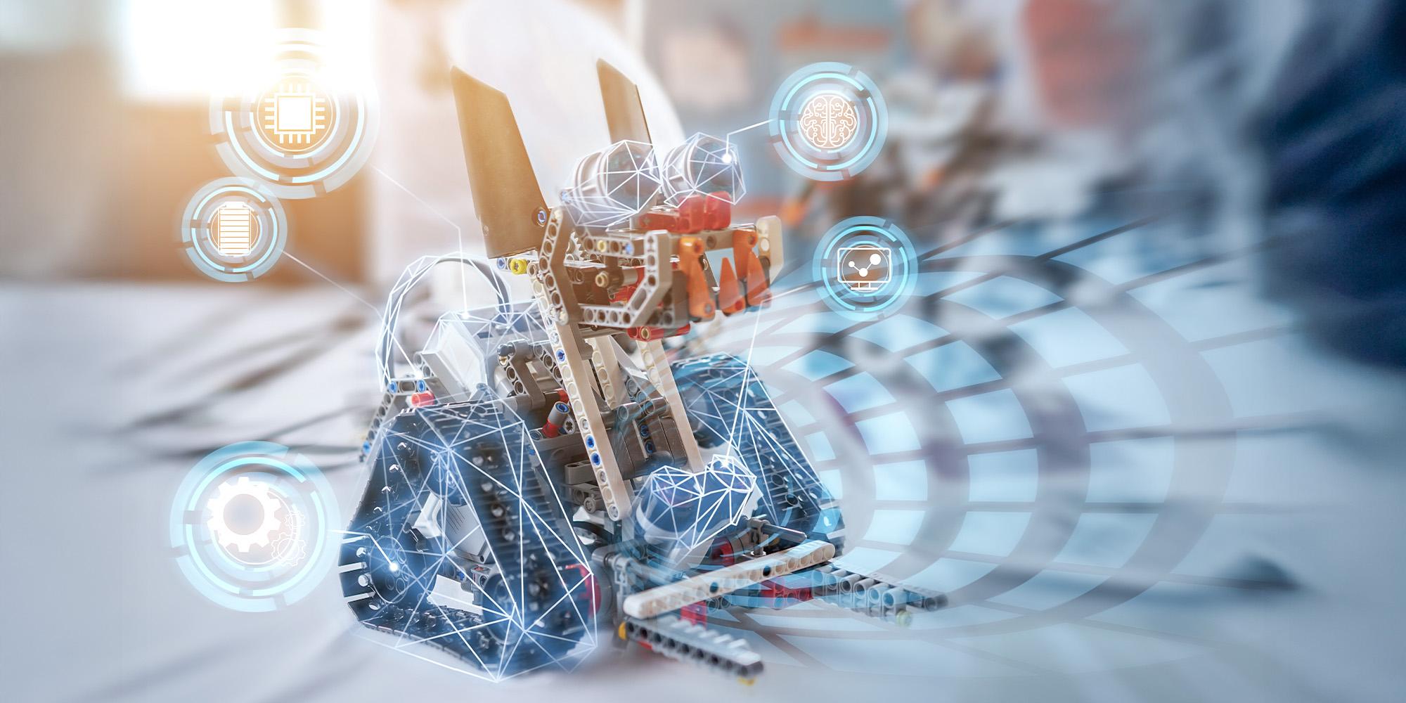 Robotic device with technical overlays suggesting connectivity, artificial intelligence, and sensor systems