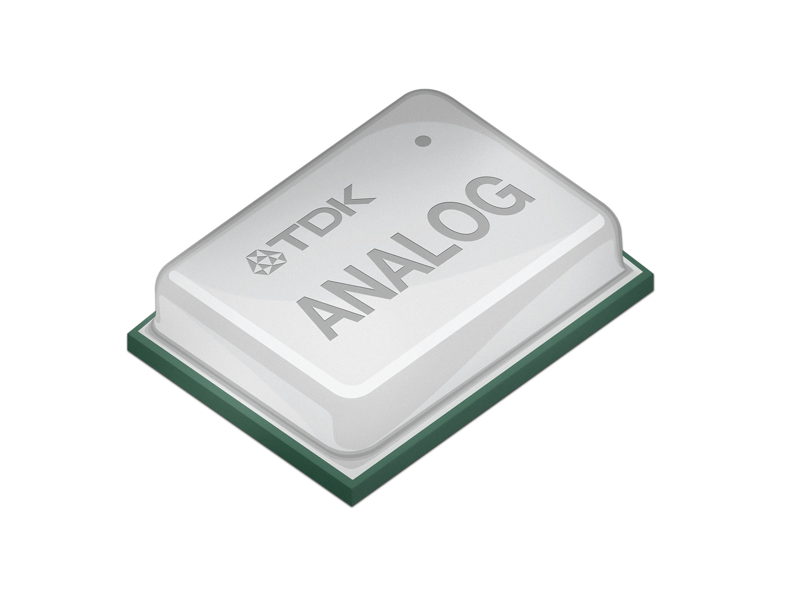 Illustration of a microchip with the TDK logo and the text "ANALOG" engraved into its metallic surface