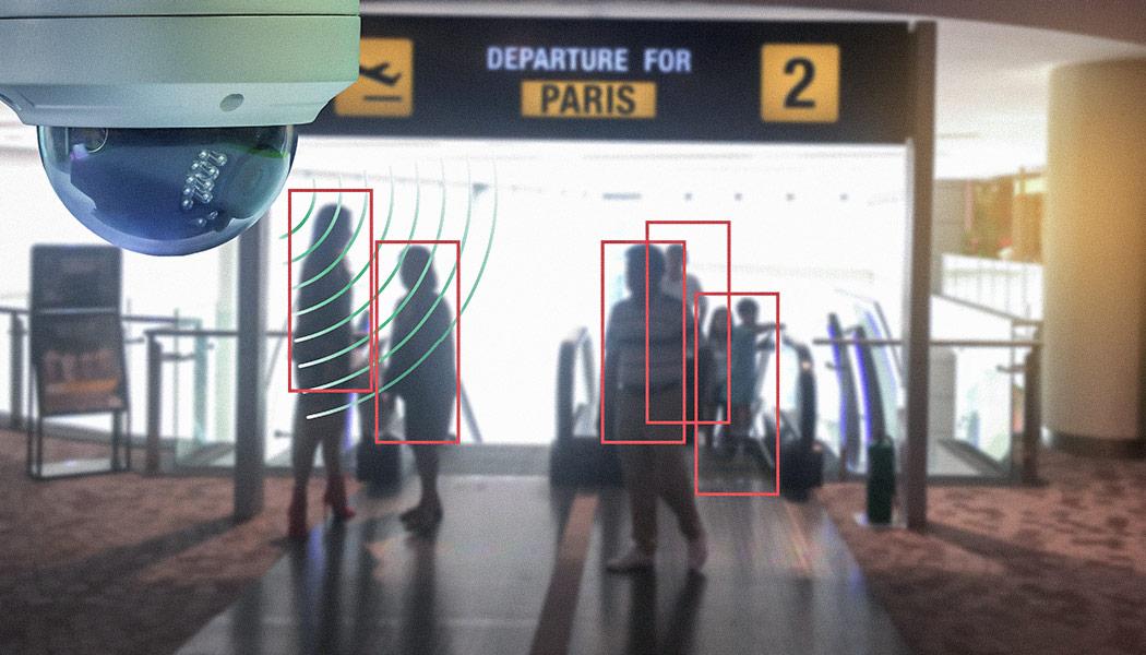 Range-finding sensor technology being used to measure distances of people in an airport