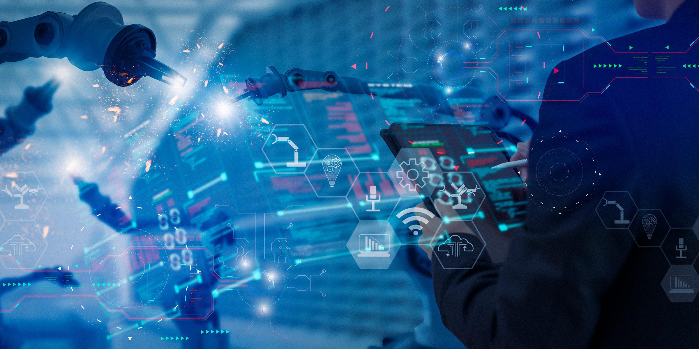 Photograph of robotic machinery in high-tech factory with overlay of technical icons