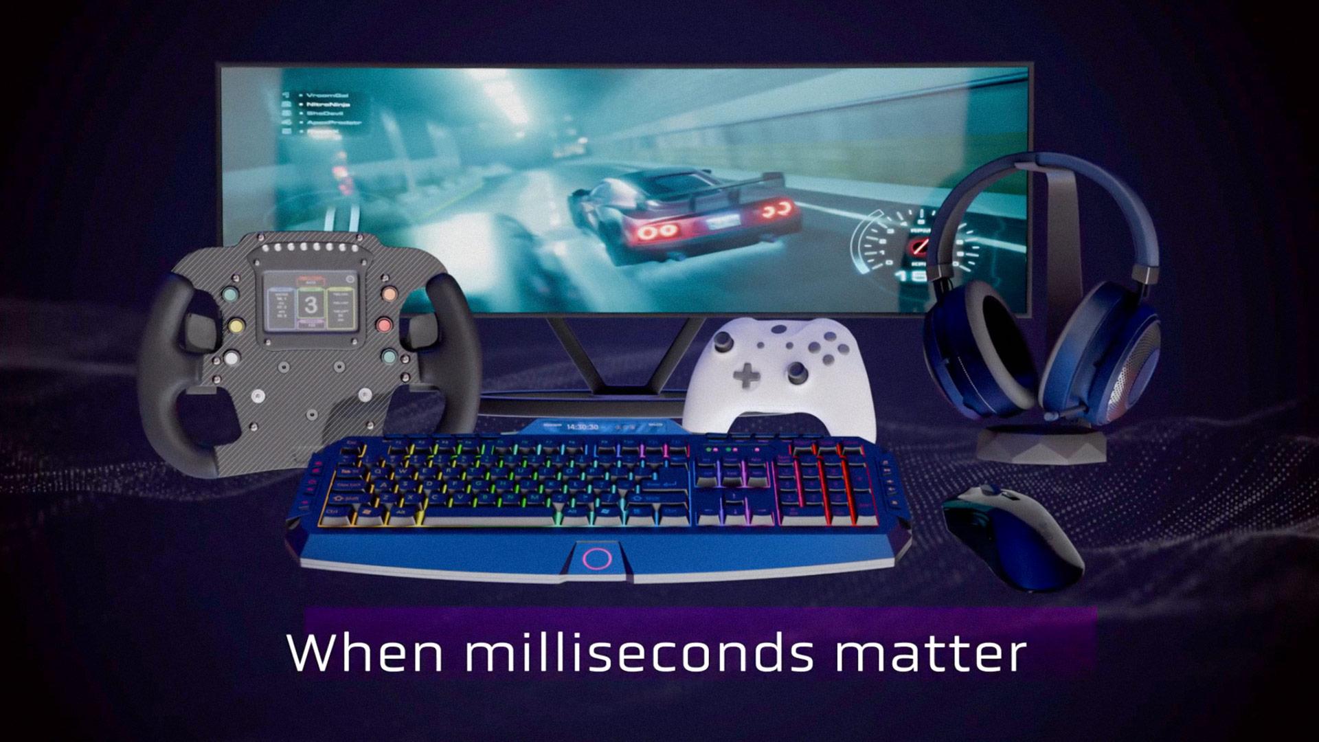 Various gaming hardware above text that reads "When milliseconds matter"