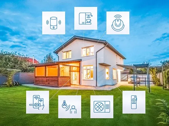 Copyright 2025 TDK InvenSense. An image of a home surrounded by a variety of MEMS and magnetic sensors that are used in security, speakers, smart remotes, appliances, and HVAC.