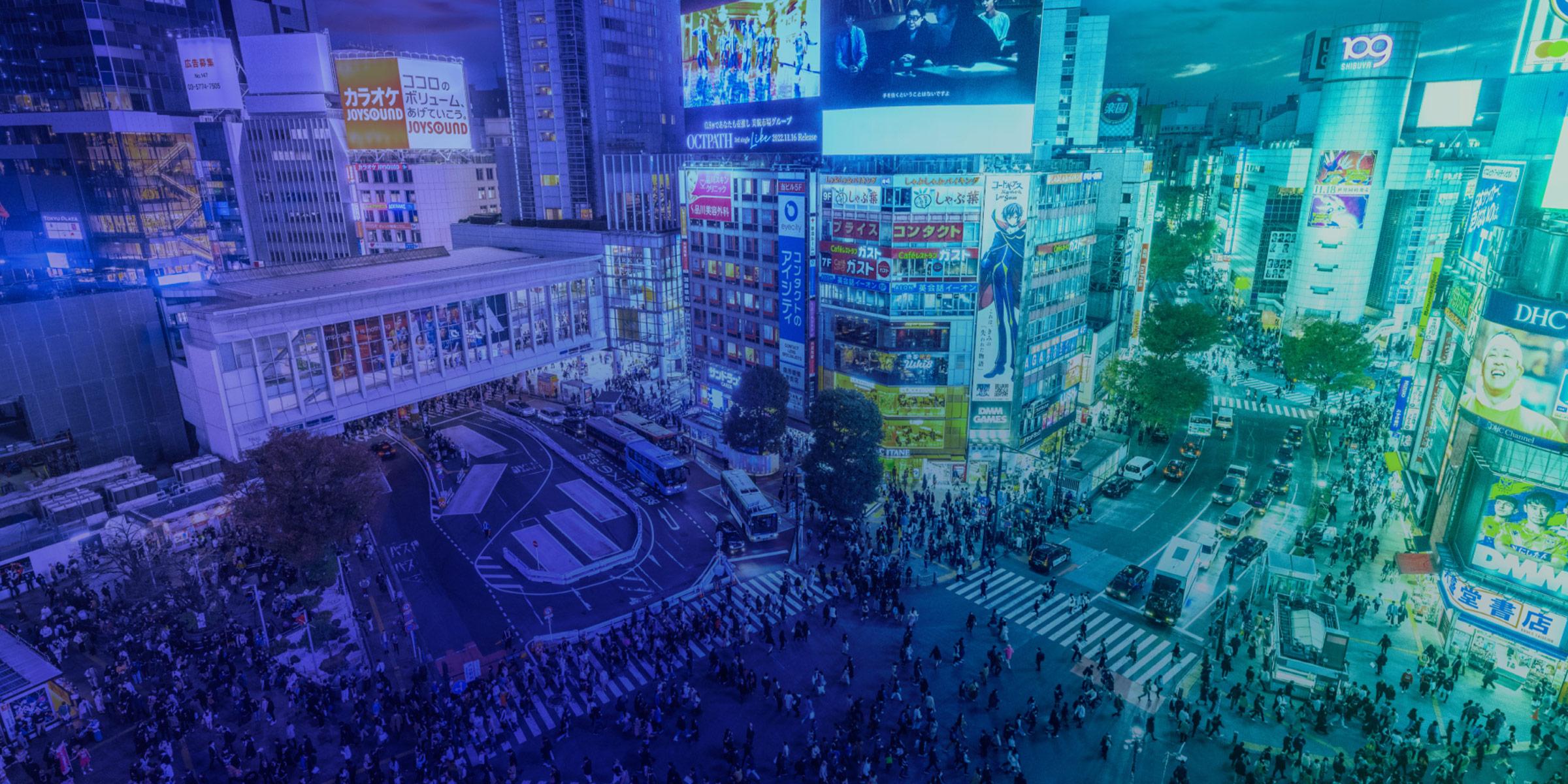 Aerial view of the busy Shibuya Crossing