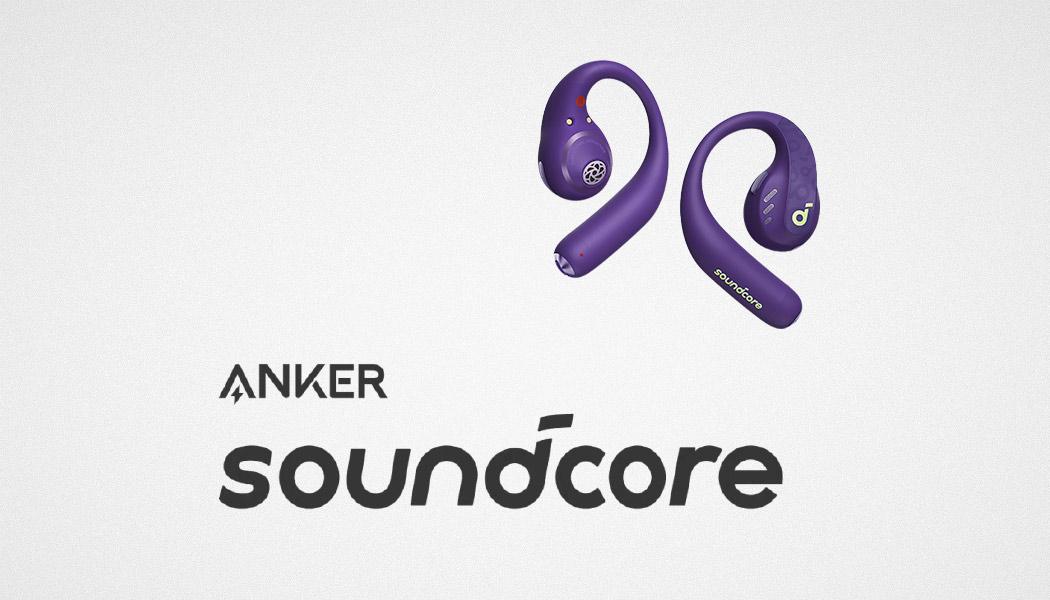 Anker Soundcore logo beneath a pair of Soundcore wireless earbuds