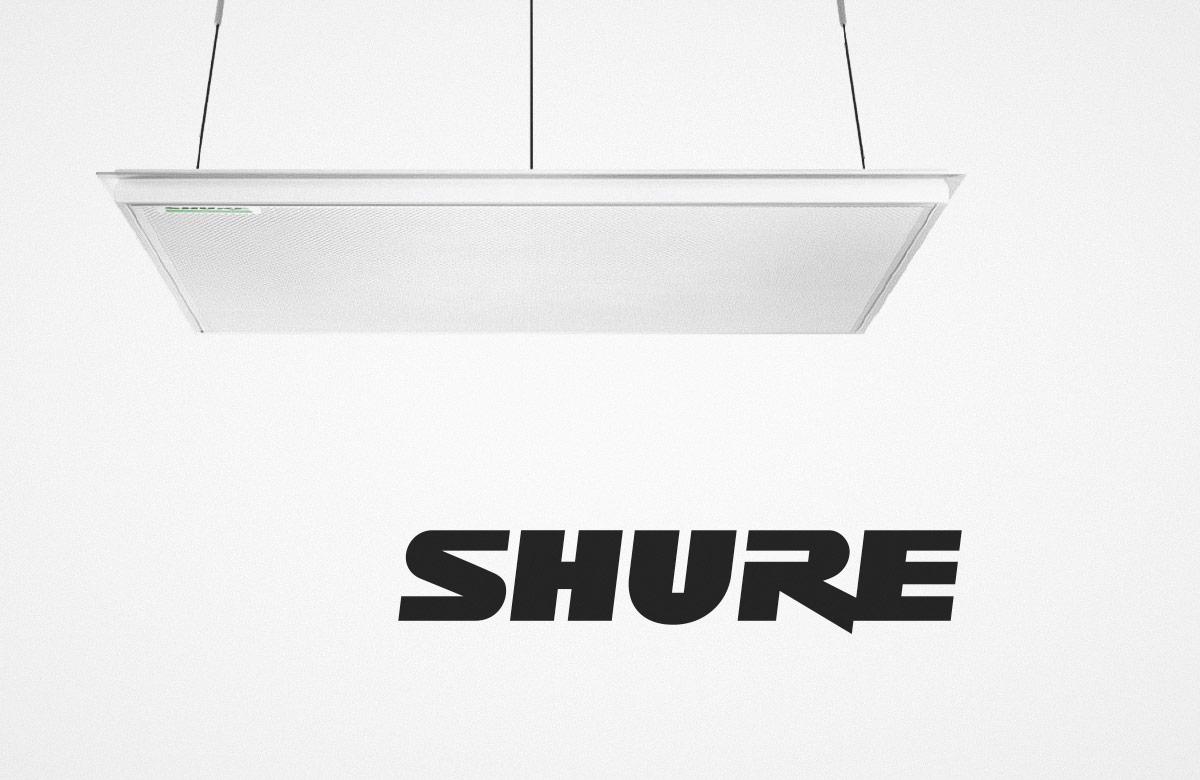 Shure logo beneath a Shure Ceiling Array Microphone + Loudspeaker