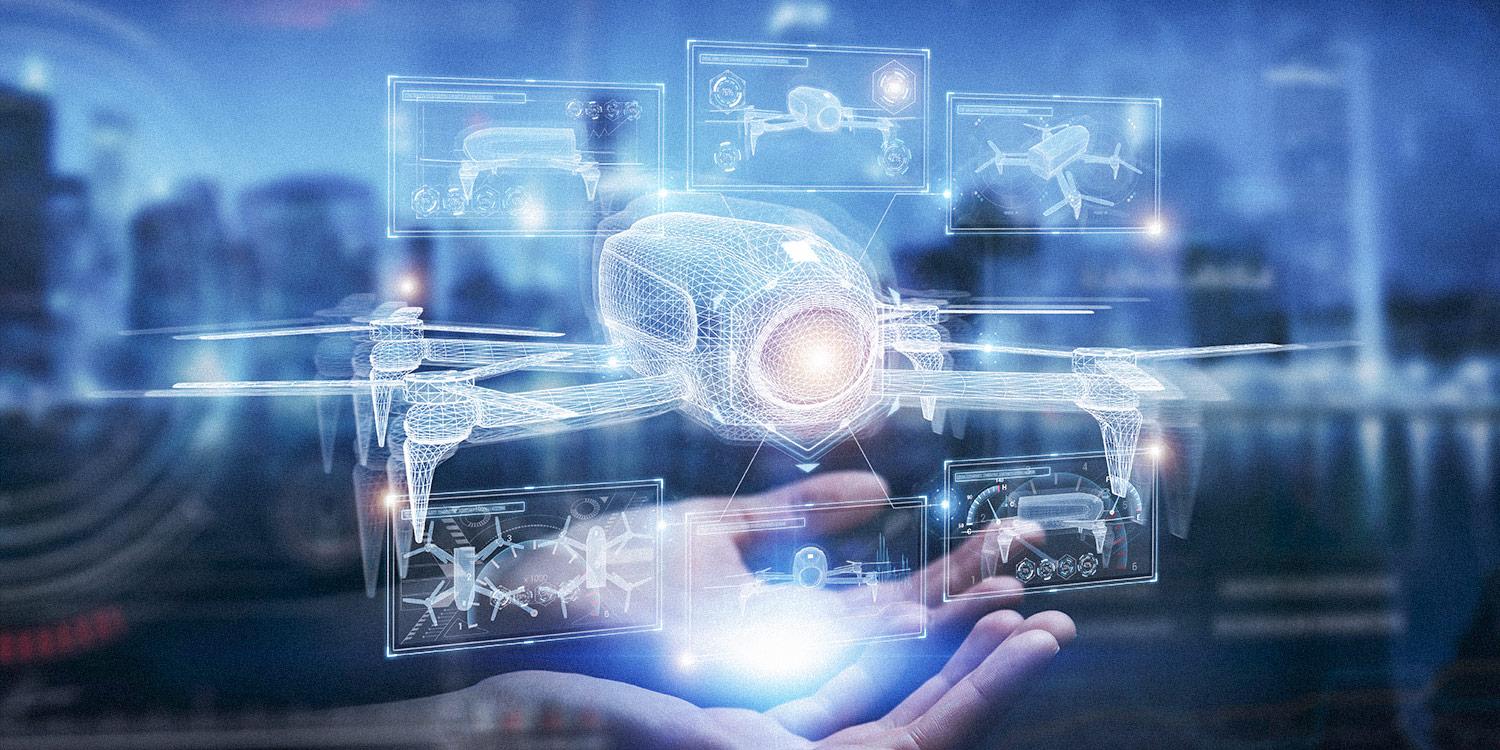 A pair of hands opened to reveal a holographic wireframe of a drone and its key components