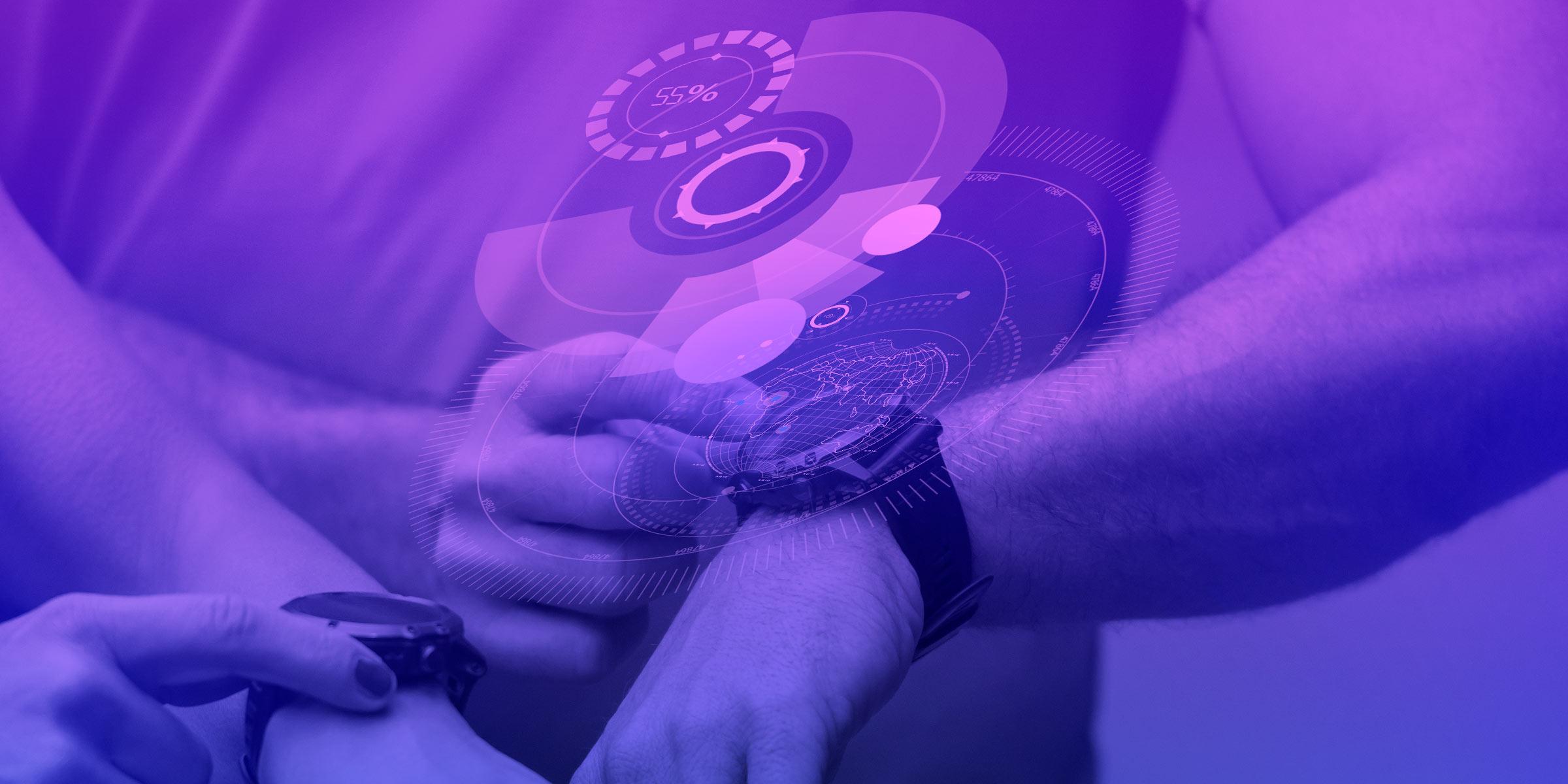 Close-up of a person wearing a smart watch on their wrist with overlaid graphics that suggest data 