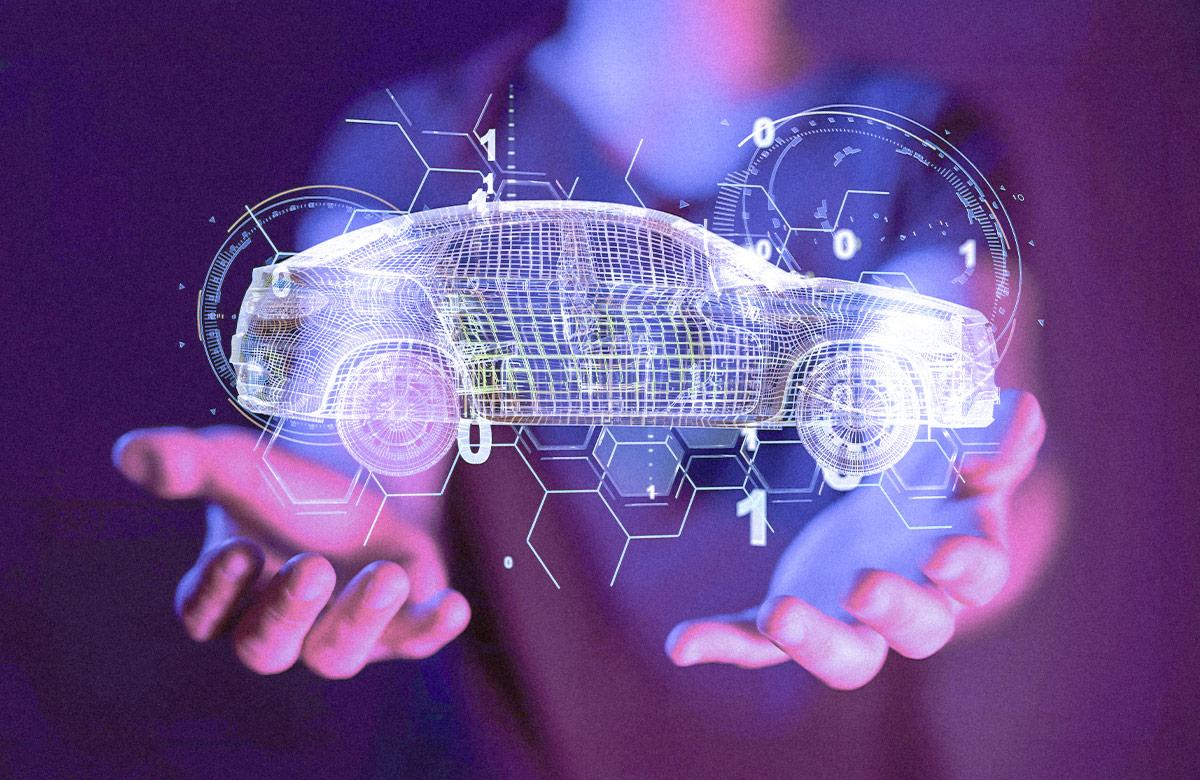 A pair of opened hands revealing a holographic wireframe of a car