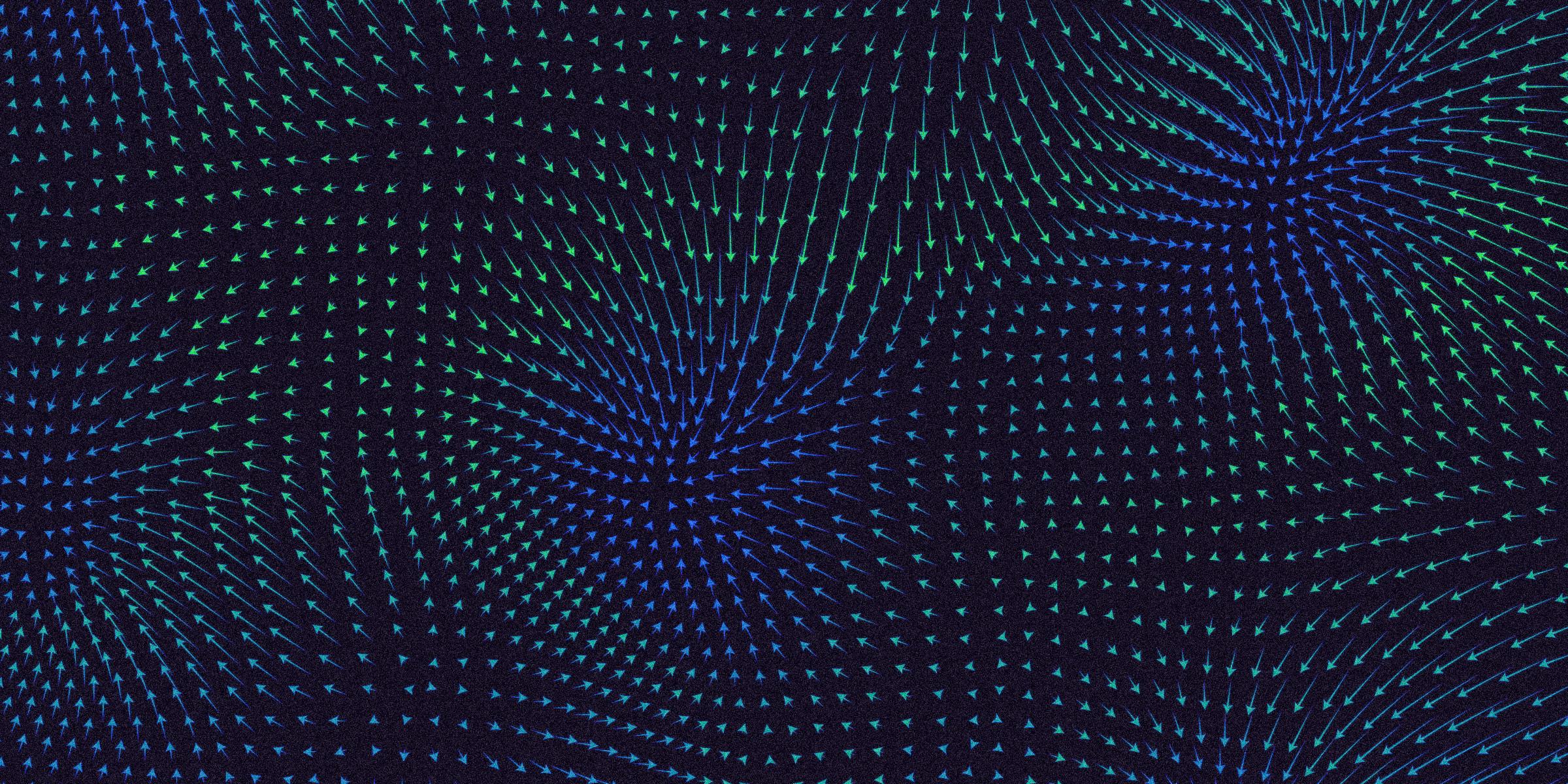 Hundreds of small arrows each pointing in different directions and made to resemble a magnetic field