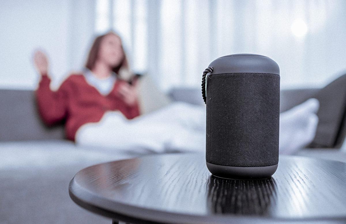 Smart speaker sitting on table in foreground, and woman sitting on the couch in the background