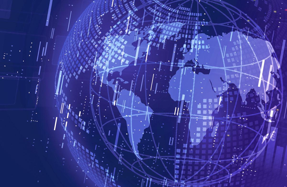 Digital illustration of a globe with a circuit design on the left, merging into a series of financial charts and currency symbols against a gradient purple background, symbolizing global finance and data.