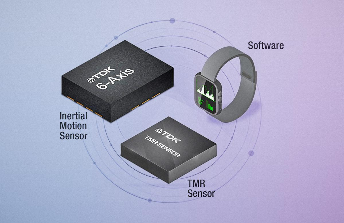 Illustration of two microchips (one labeled "Inertial Motion Sensor" and the other "TMR Sensor" and a smart watch orbiting around each other