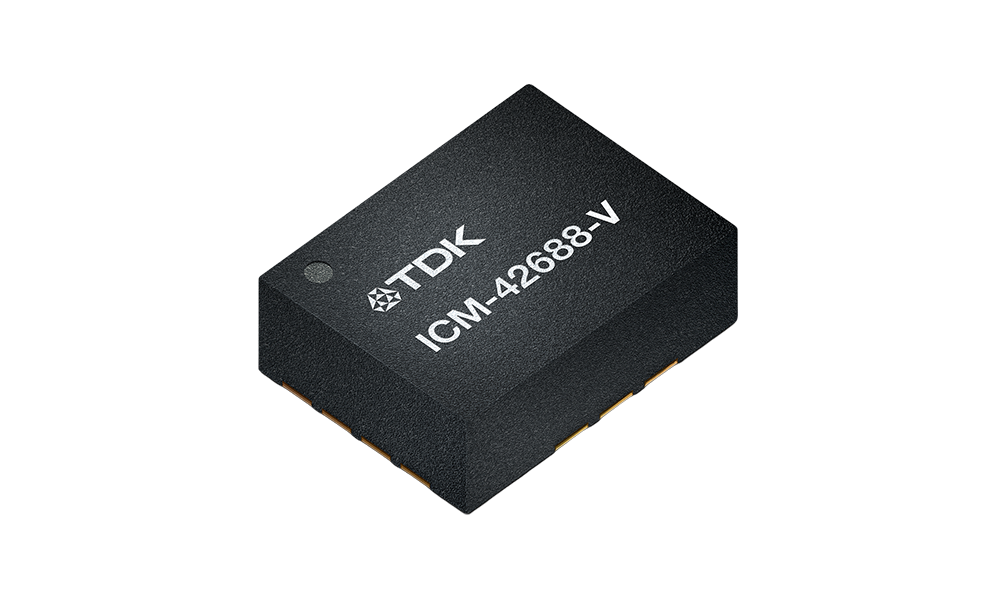 Black microchip with TDK logo and "ICM-42688-V" etched onto the surface