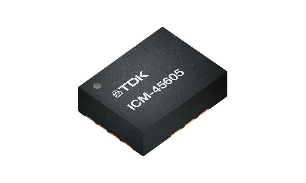 Microchip with TDK logo and "ICM-45605" etched onto its surface