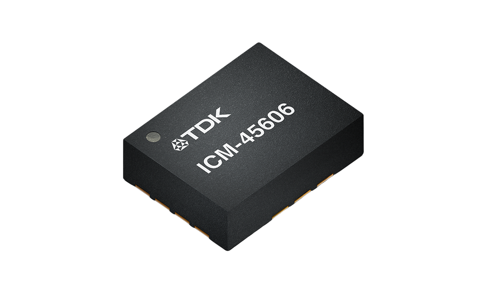 Illustration of a microchip with the TDK logo and "ICM-45606" etched on its surface