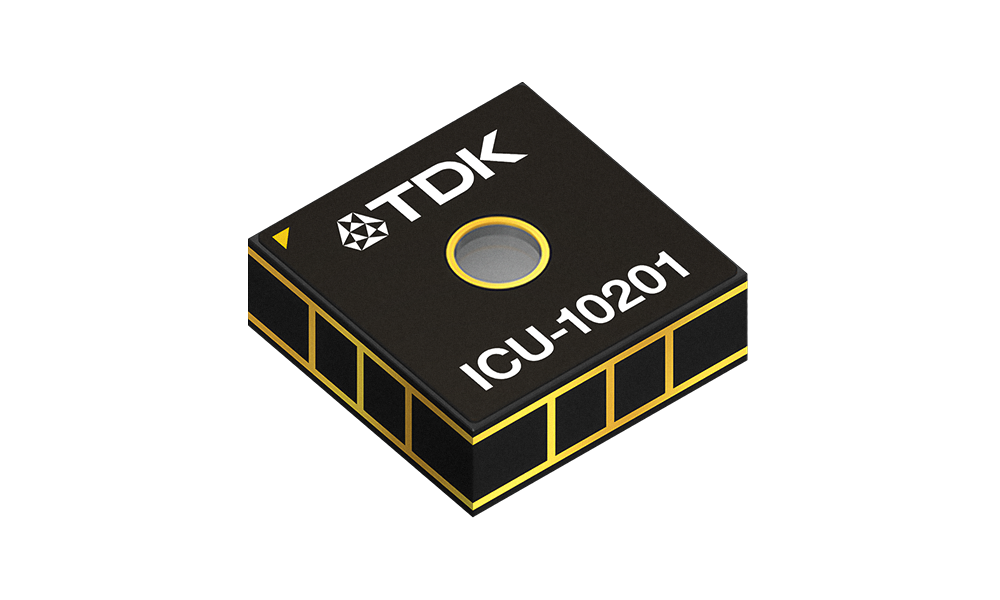 Microchip with TDK logo and "ICU-10201" etched onto its surface