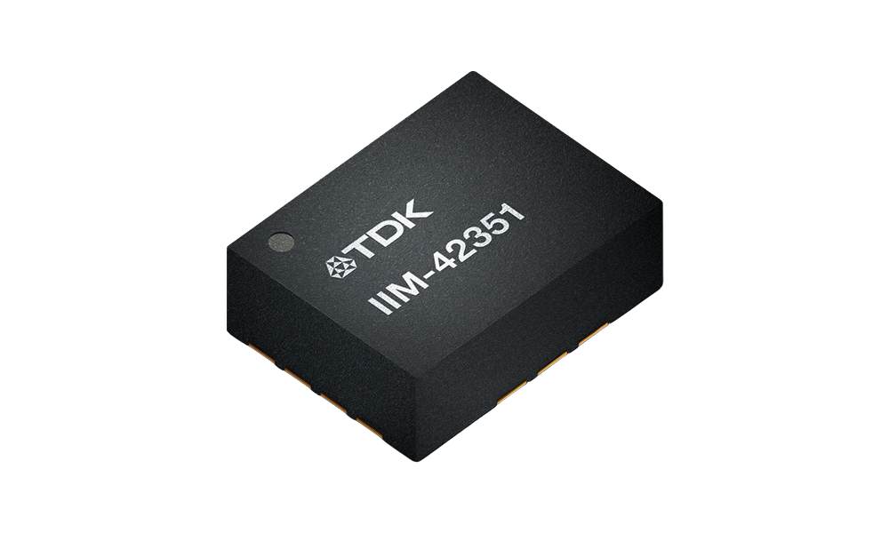 Illustration of a microchip with the TDK logo and "IIM-42351" etched into its surface