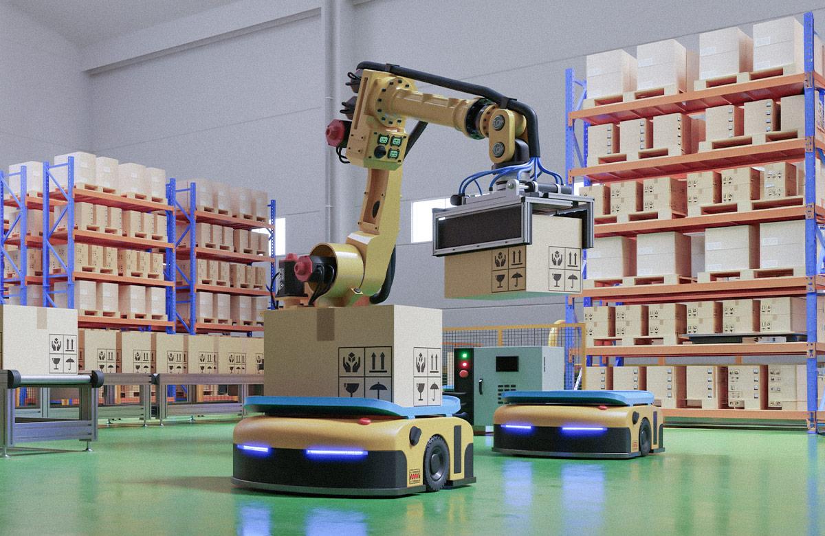 Warehouse robot equipped with a robotic arm moving packages around