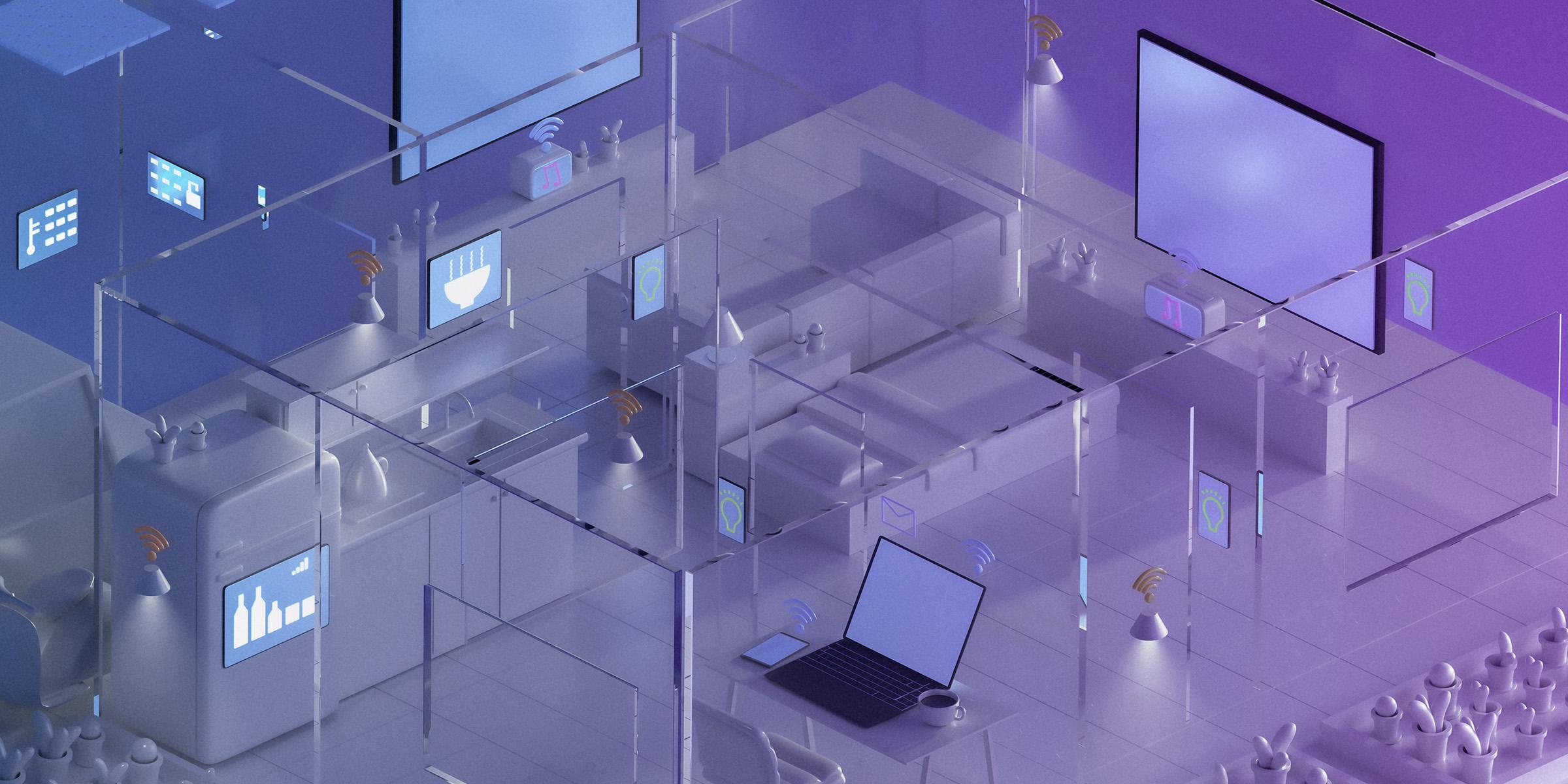 Digital illustration of a smart home and its related products and appliances