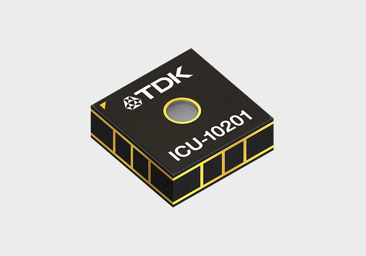 Microchip with TDK logo and "ICU-10201" etched onto its surface