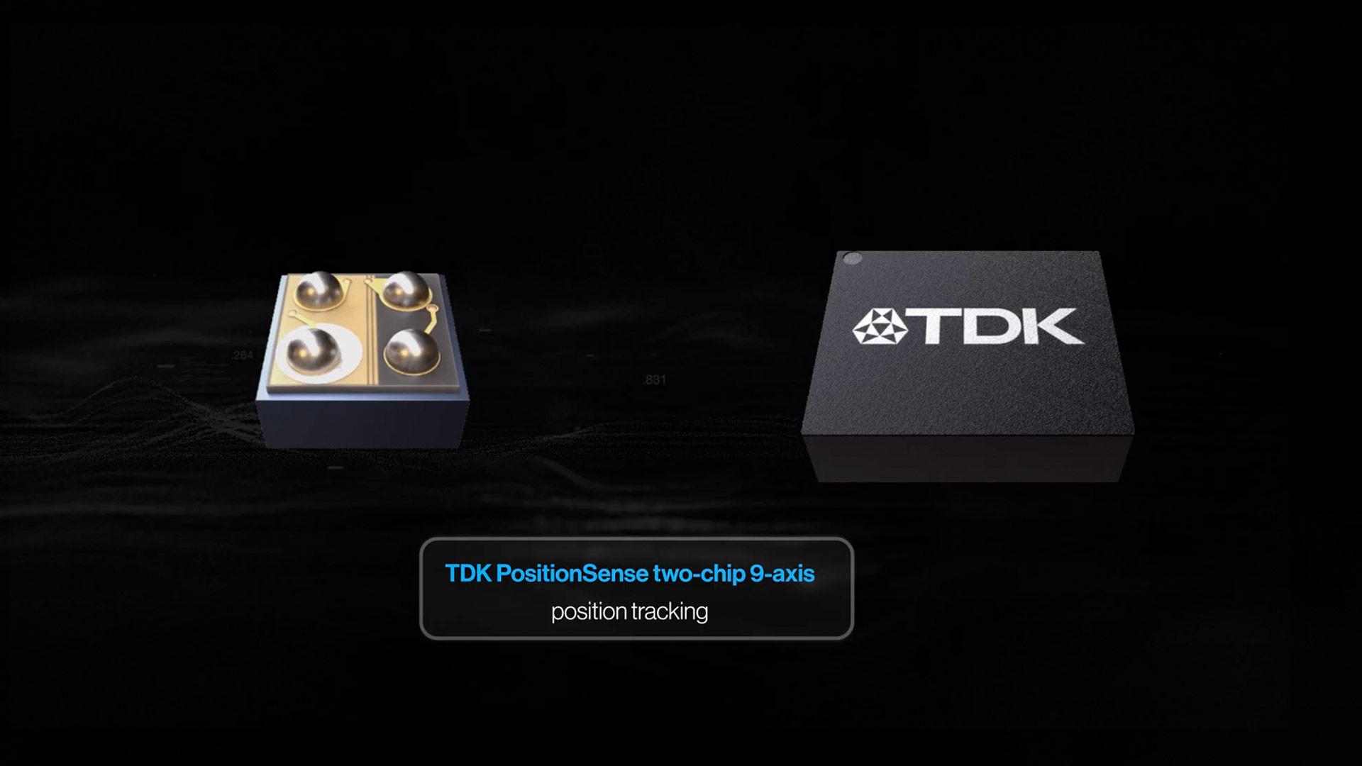 Two TDK microchips next to each other, with text below that reads "TDK PositionSense two-chip 9-axis position tracking"